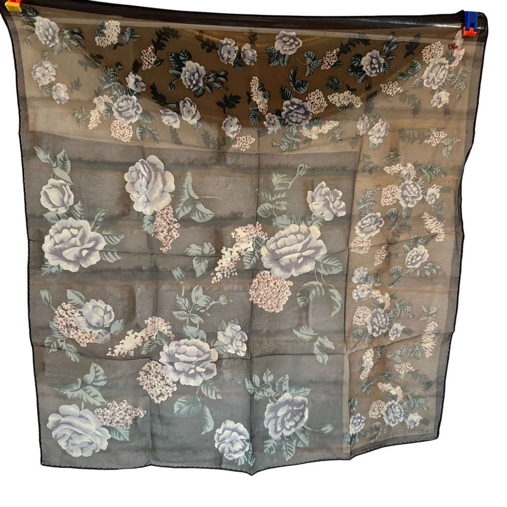 Vintage Halston Silk Chiffon Scarf Sheer Floral Sage Green 19" Square Signed